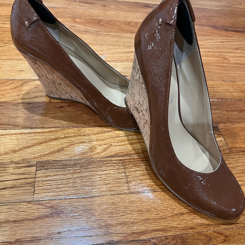 Nine West Toffee Brown Patent Leather Wedge Heels